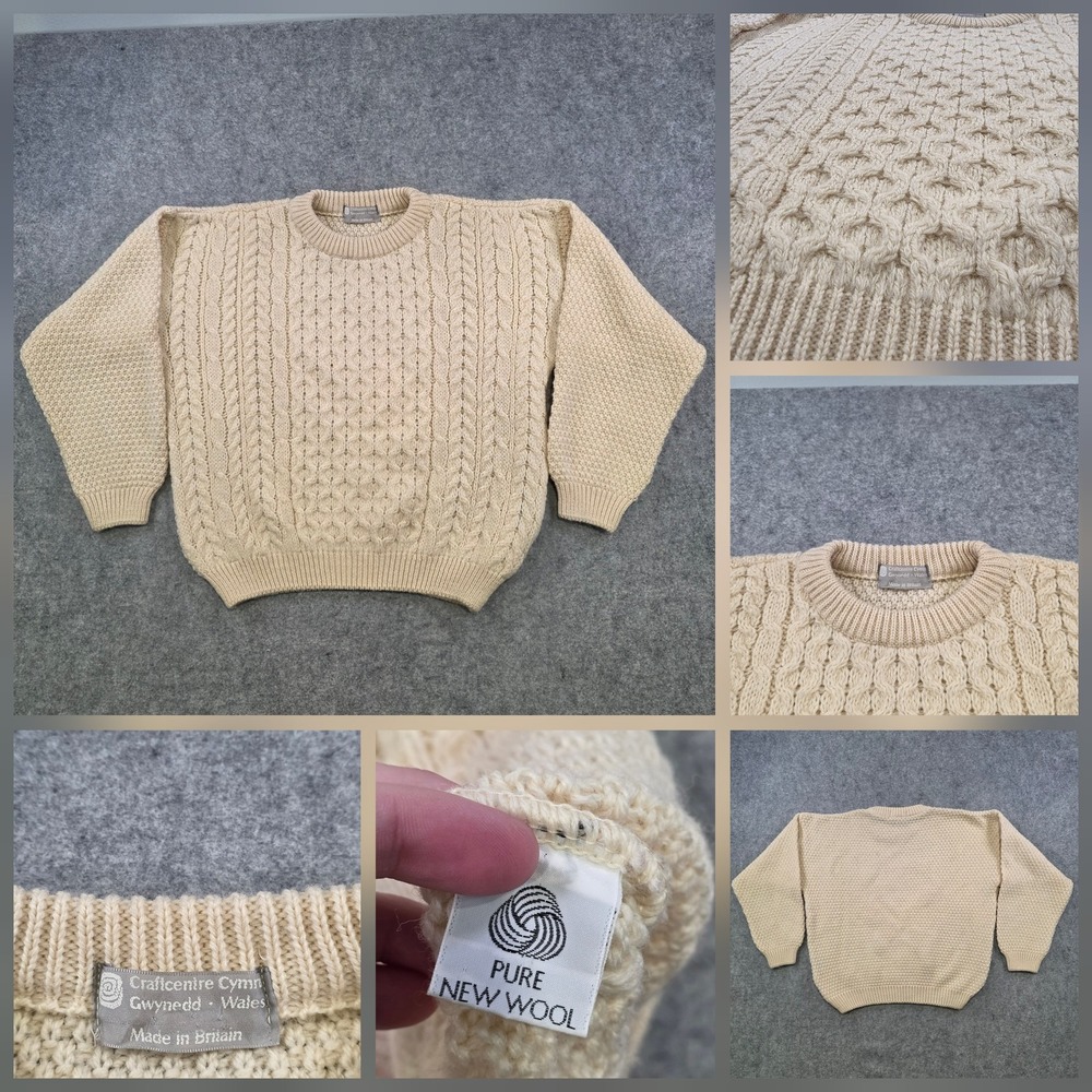 Craftcentre Cymru Sweater Womens Small? White Wool Cable Knit Crewneck Pullover